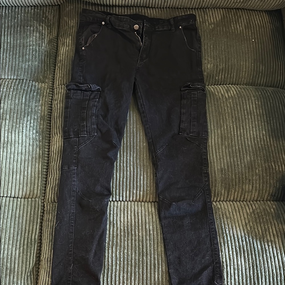 Black Cargo Pants with Multiple Pockets and Zipper Details